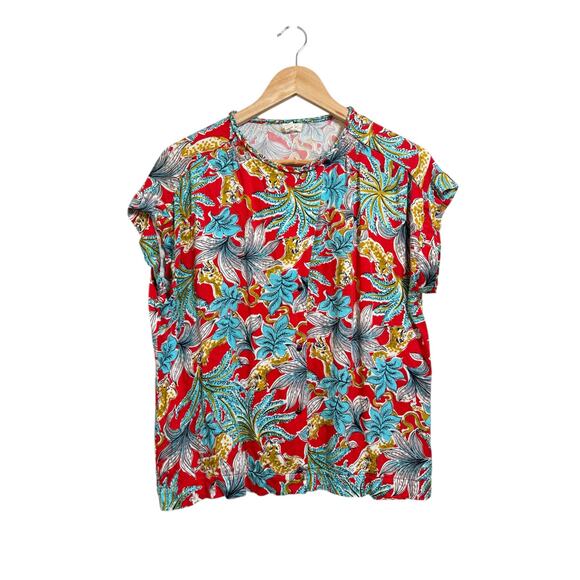 Tiny Anthropologie Women's Short Sleeve Tropical Floral Cheetah Print Blouse L - Picture 1 of 9
